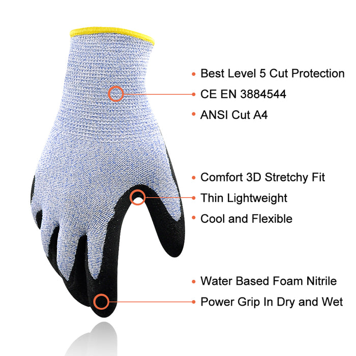 Level 5 Cut Resistant Work Gloves with Power Grip for Wood Carving Carpentry, Glass Industry and other Constructions