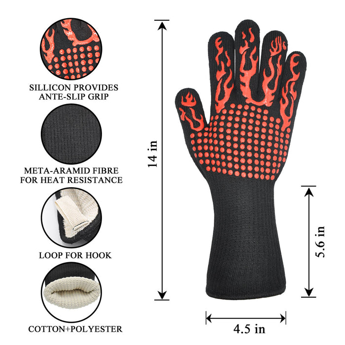 BBQ Gloves, Heat Resistant with fingers, 932℉ Extreme Heat Resistant with Anti-Slip Grip for Barbecue/Cooking/Baking/Welding