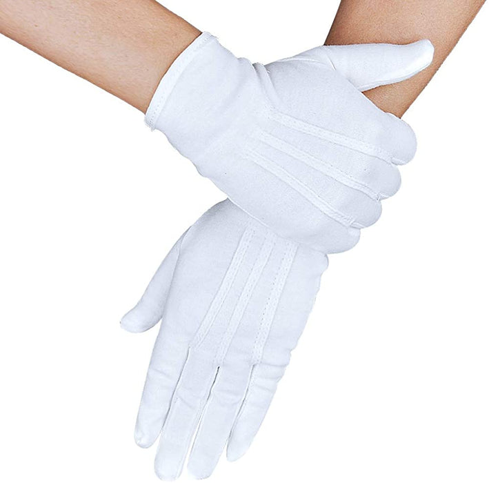 Parade Gloves White Cotton Formal Tuxedo  Costume Honor Guard Gloves with Snap Cuff, Coin Jewelry Silver Inspection Gloves