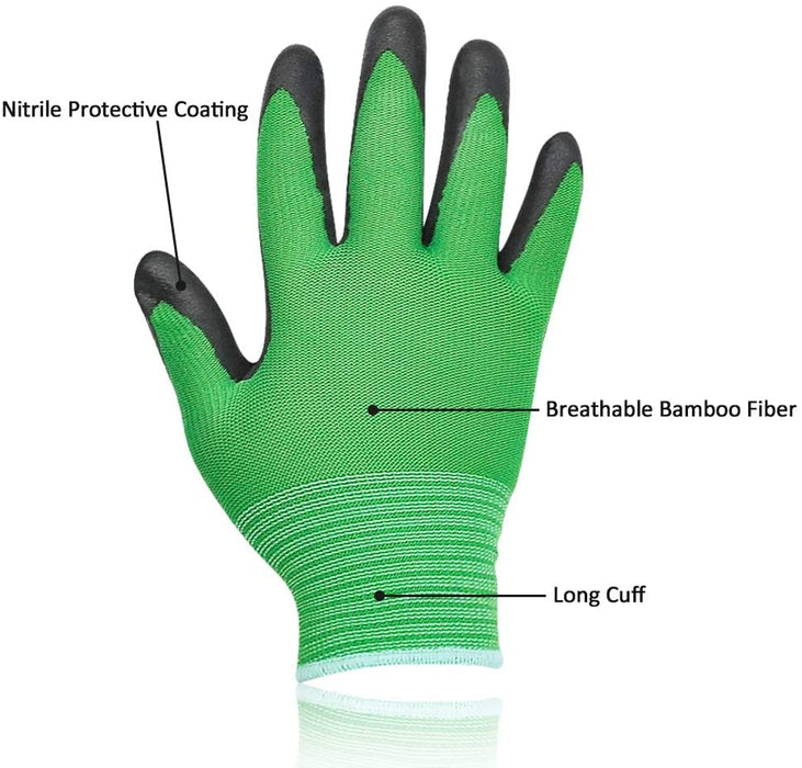 Bamboo Gardening Work Gloves, Breathable Nitrile Coated with Great Grip for Gardening, Fishing, Landscaping, Clamming and Construction