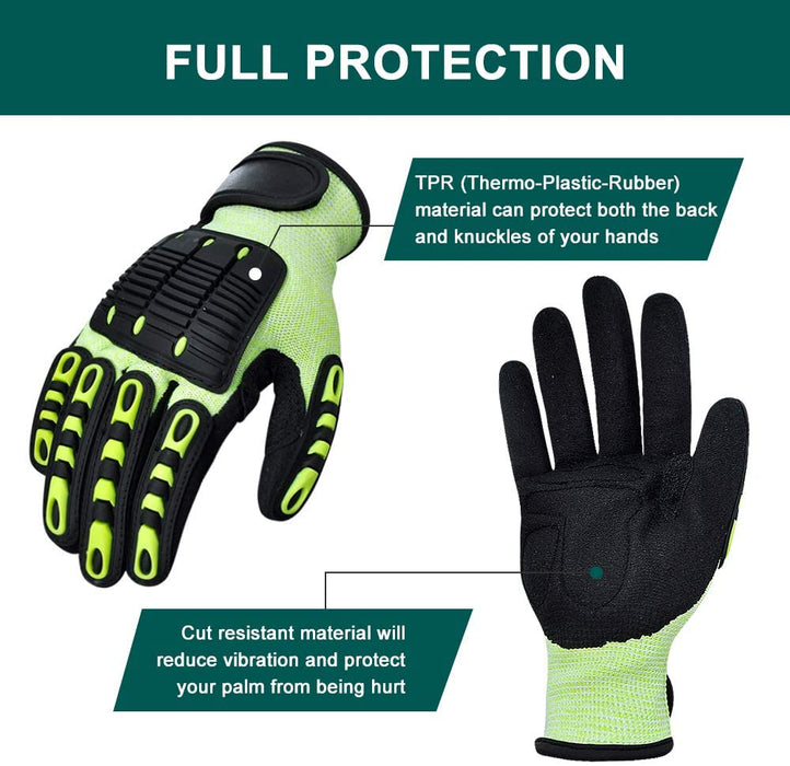 Heavy Duty Mechanic Work Gloves with Grip, Cut Resistant Rubber Coated for Metal Wood Working, Construction and Driving