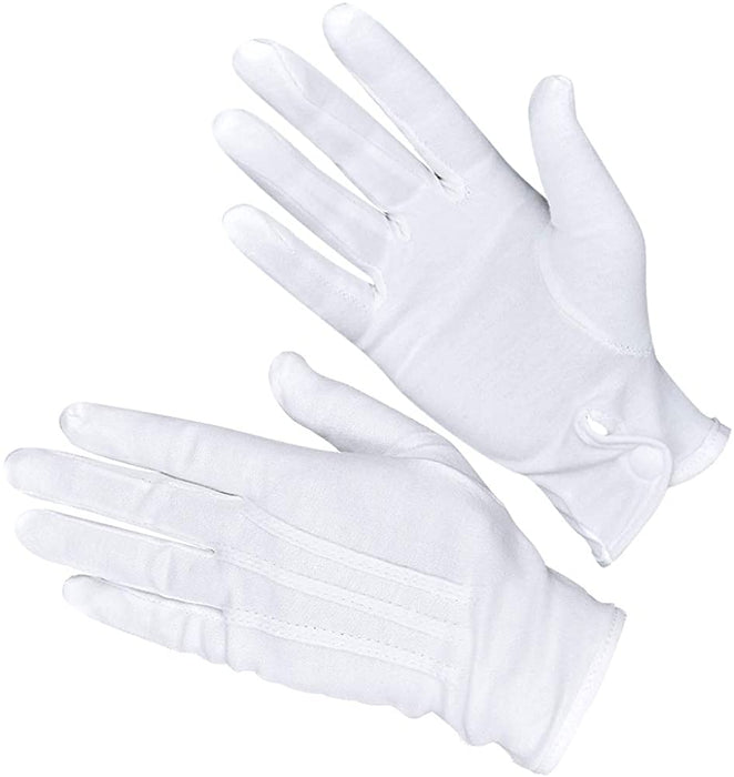 Parade Gloves White Cotton Formal Tuxedo  Costume Honor Guard Gloves with Snap Cuff, Coin Jewelry Silver Inspection Gloves