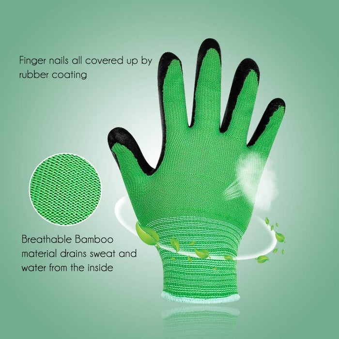 Bamboo Gardening Work Gloves, Breathable Nitrile Coated with Great Grip for Gardening, Fishing, Landscaping, Clamming and Construction