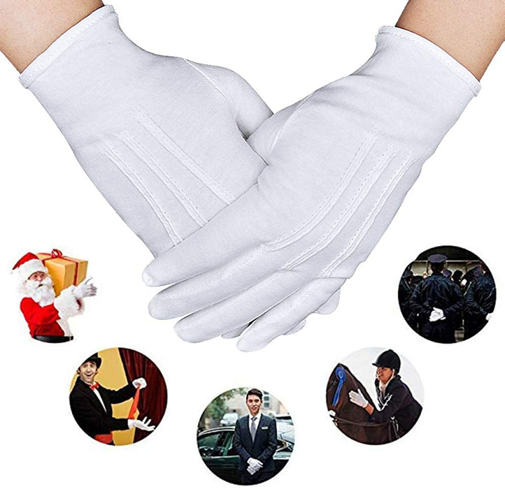 Parade Gloves White Cotton Formal Tuxedo  Costume Honor Guard Gloves with Snap Cuff, Coin Jewelry Silver Inspection Gloves