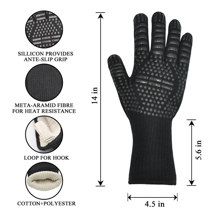 BBQ Gloves, Heat Resistant with fingers, 932℉ Extreme Heat Resistant with Anti-Slip Grip for Barbecue/Cooking/Baking/Welding