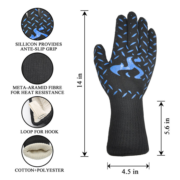 BBQ Gloves, Heat Resistant with fingers, 932℉ Extreme Heat Resistant with Anti-Slip Grip for Barbecue/Cooking/Baking/Welding