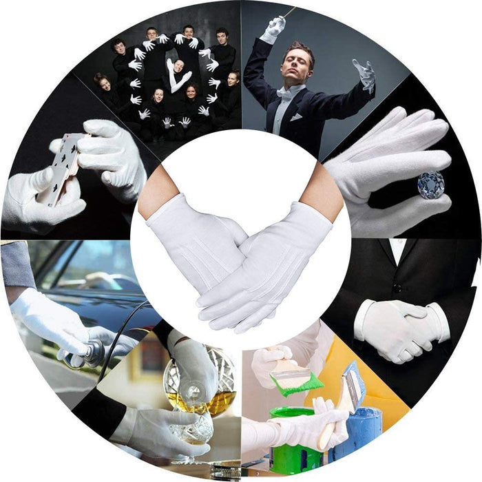 Parade Gloves White Cotton Formal Tuxedo  Costume Honor Guard Gloves with Snap Cuff, Coin Jewelry Silver Inspection Gloves